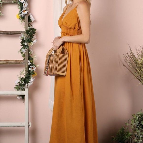Ninexis Plus Smocking Waist Golden Sun Maxi Dress with Adjustable Strap Size 1X - Picture 10 of 11